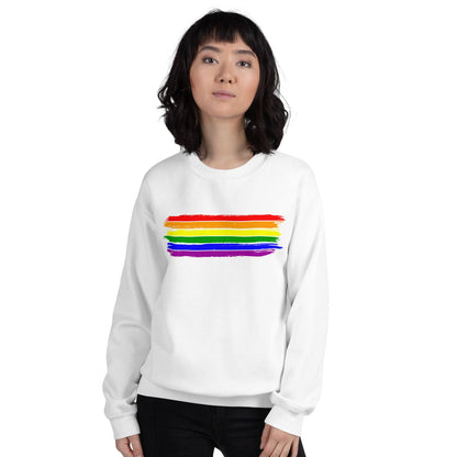Person wearing a white pride sweatshirt with a rainbow stripe design on a white background