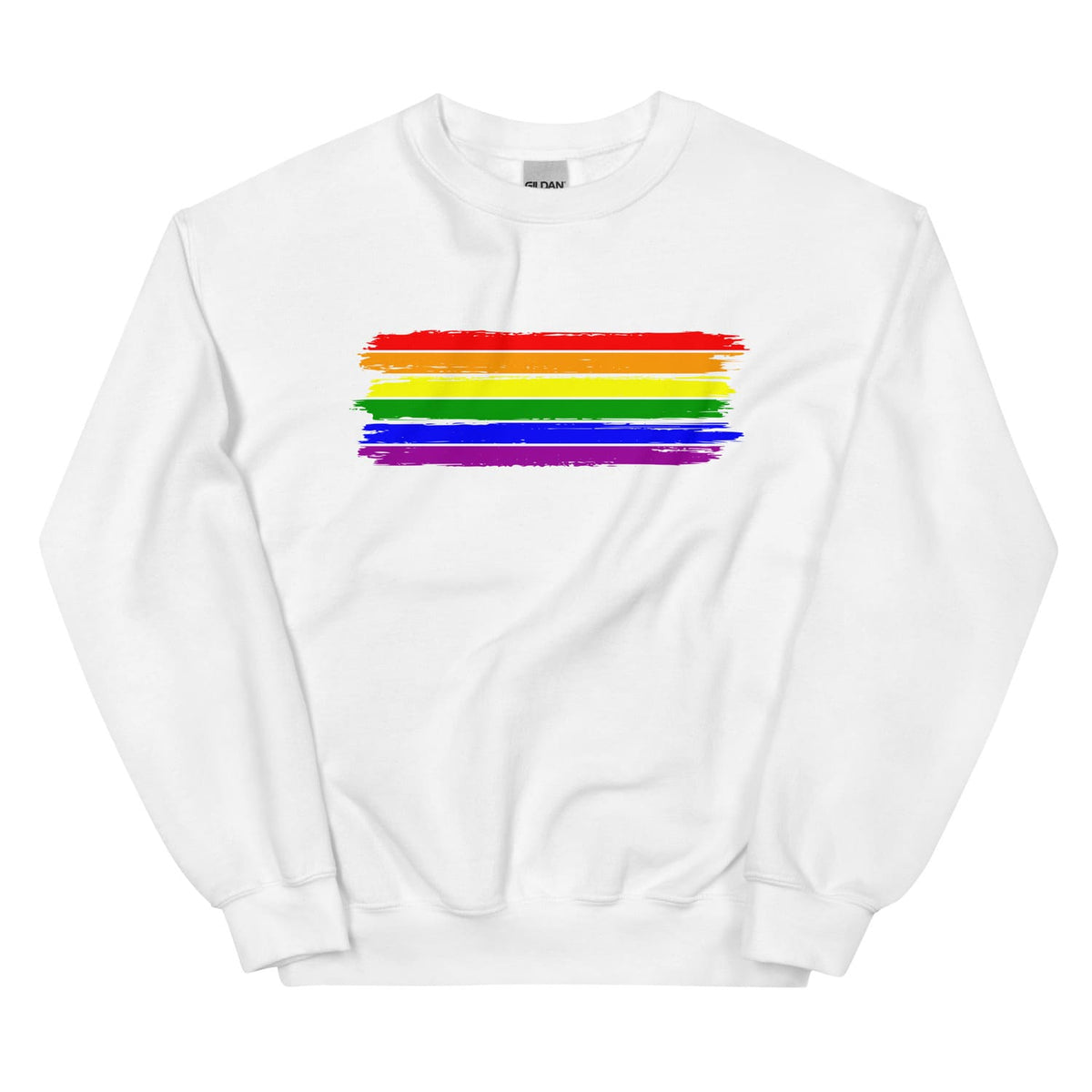 White lgbt pride sweatshirt with rainbow stripe design on a white background