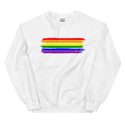 White lgbt pride sweatshirt with rainbow stripe design on a white background