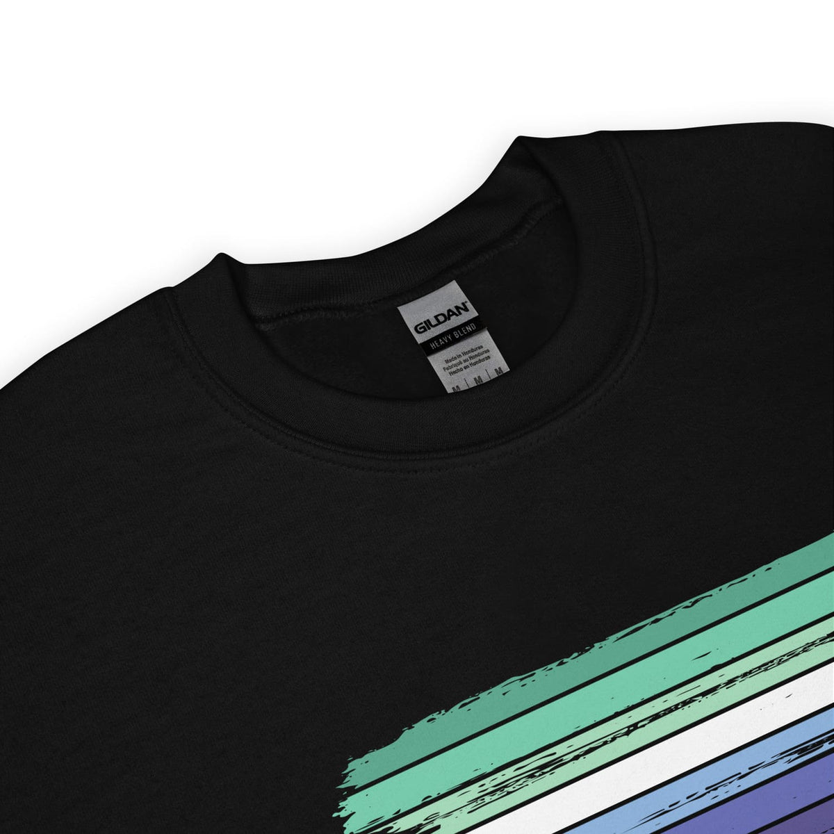 Detail MLM sweatshirt with colorful stripes on a white background