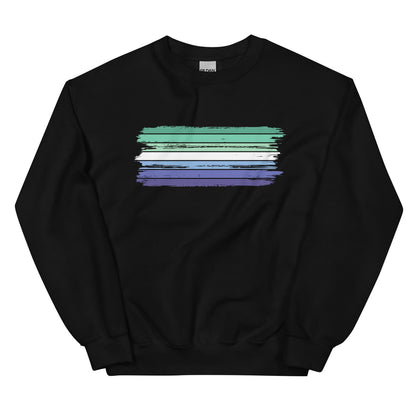 Black MLM sweatshirt with a colorful flag horizontal stripe design on a white background