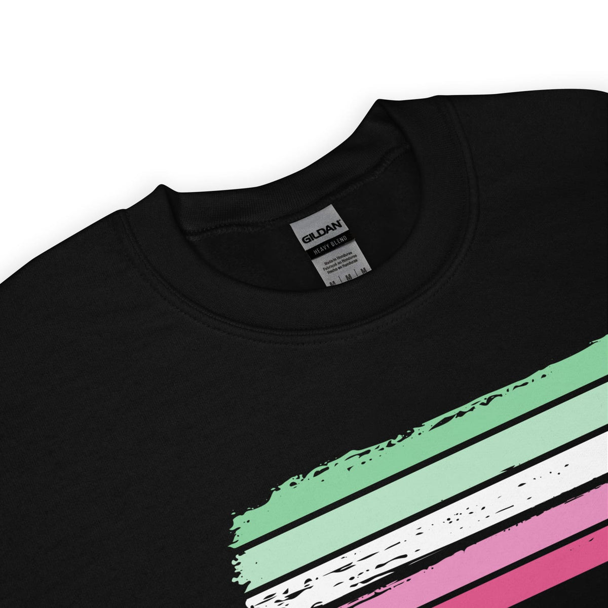 Black abrosexual sweatshirt with colorful horizontal stripes and Gildan label on a white background
