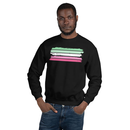 Man wearing a black abrosexual pride sweatshirt with flag design on a white background