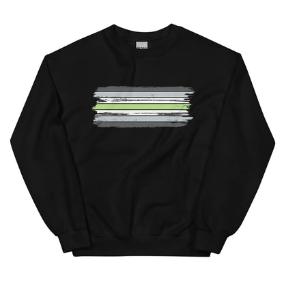 Black agender sweatshirt with a grunge pride flag on a white background