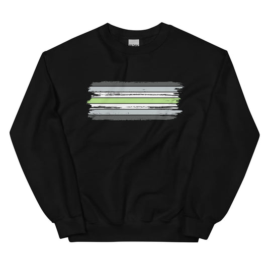 Black agender sweatshirt with a grunge pride flag on a white background