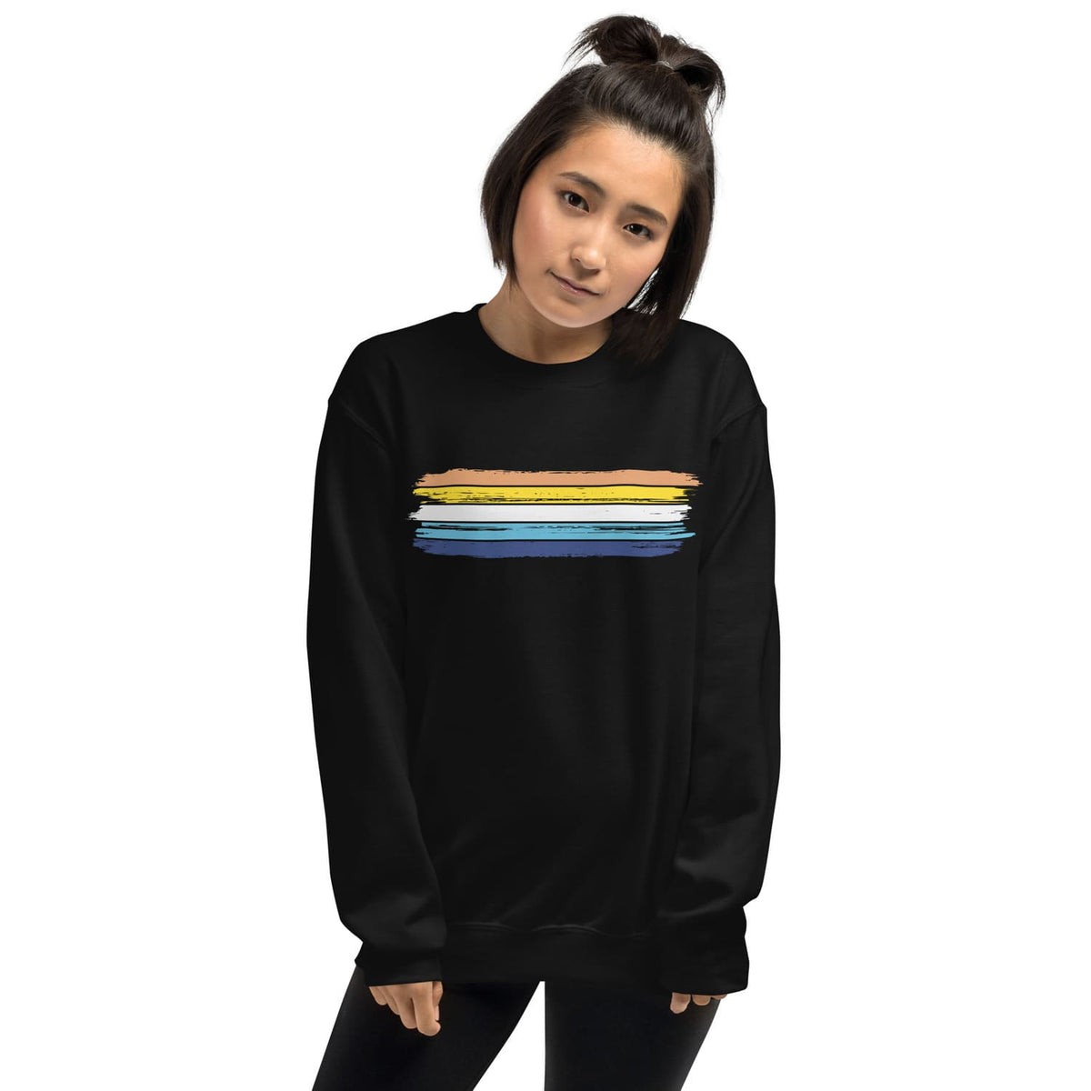Person wearing a black aroace sweatshirt with a flag on a white background