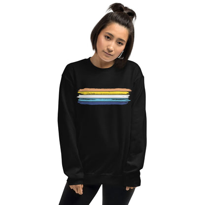 Person wearing a black aroace sweatshirt with a flag on a white background