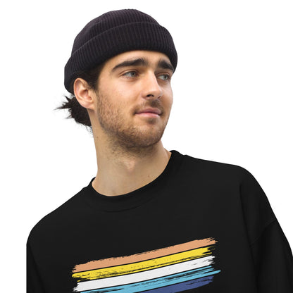Man wearing a black beanie and black sweatshirt with aroace flag  on a white background