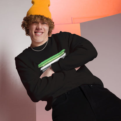 Person wearing a black aromantic sweatshirt with a yellow beanie  against a colorful geometric background