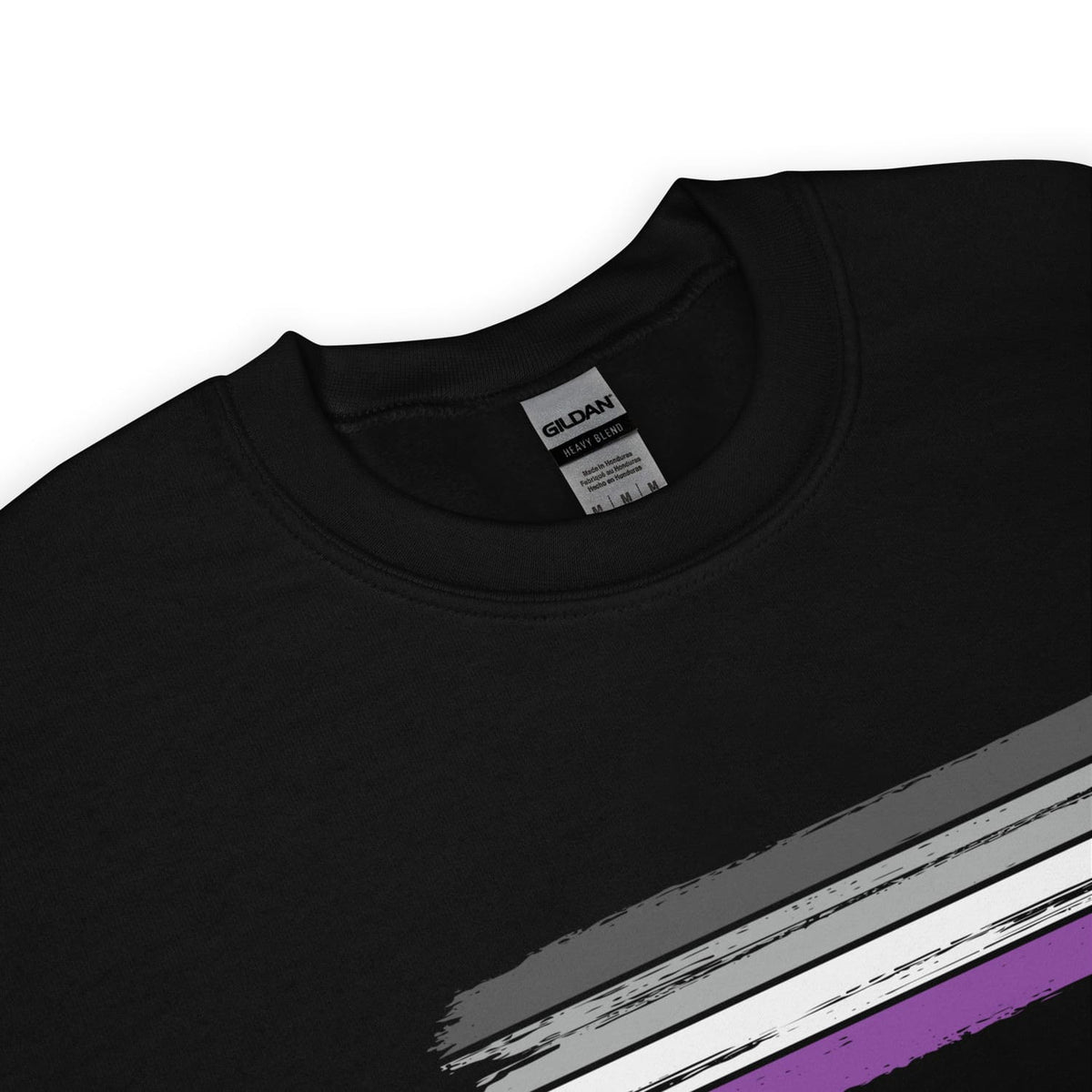 Black asexual sweatshirt with Gildan label on a white background