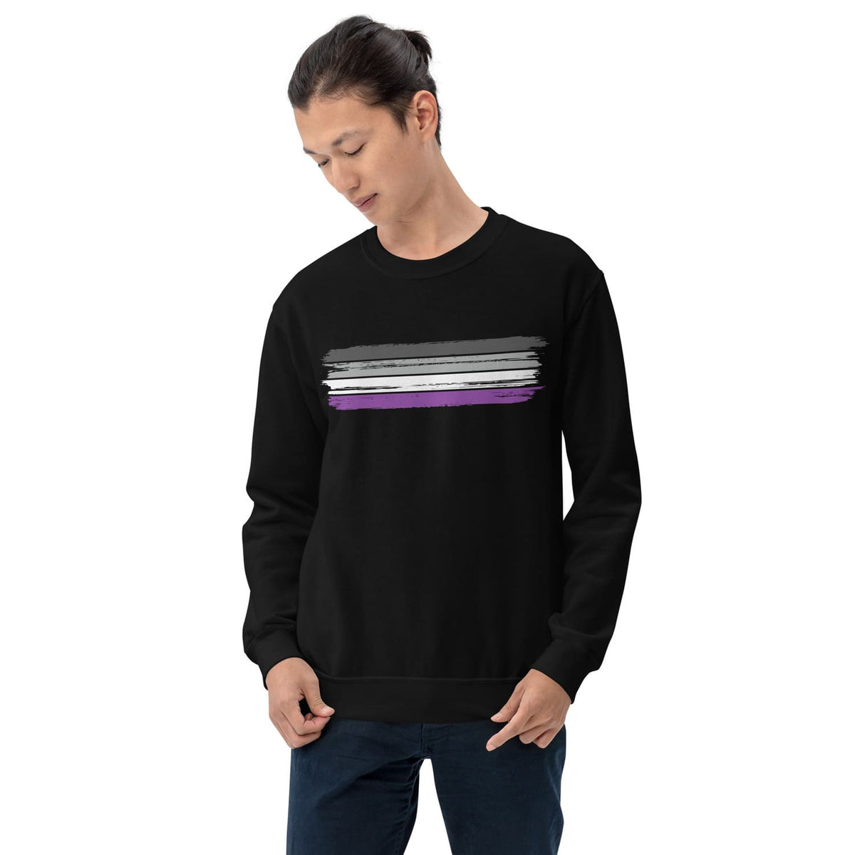 Person wearing a black asexual sweatshirt with a grunge flag  on a white background