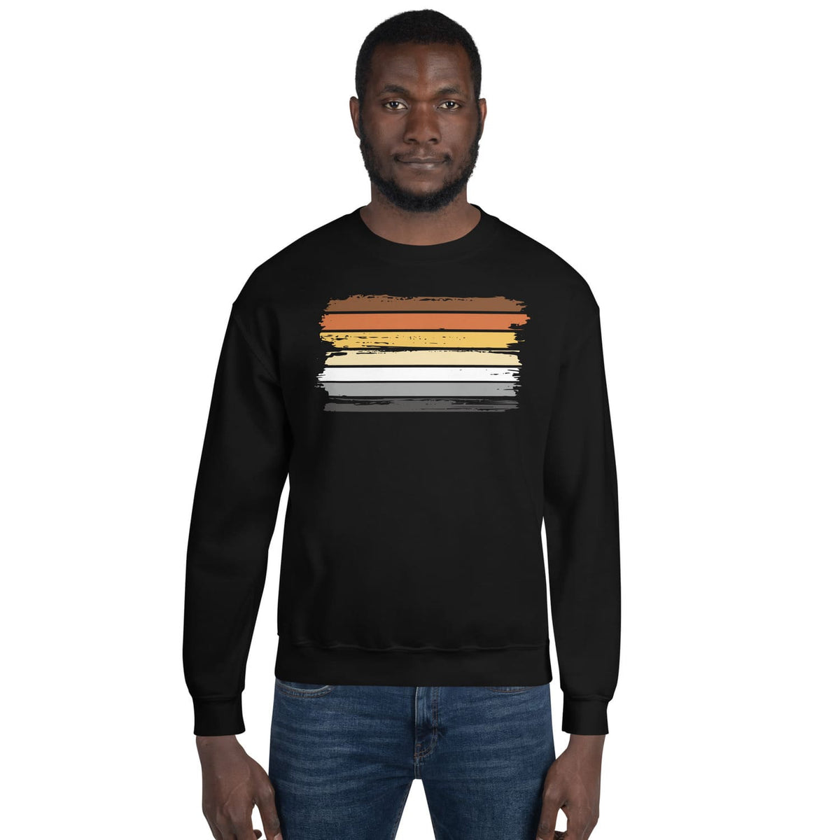Man wearing a black bear pride sweatshirt with flag on a white background