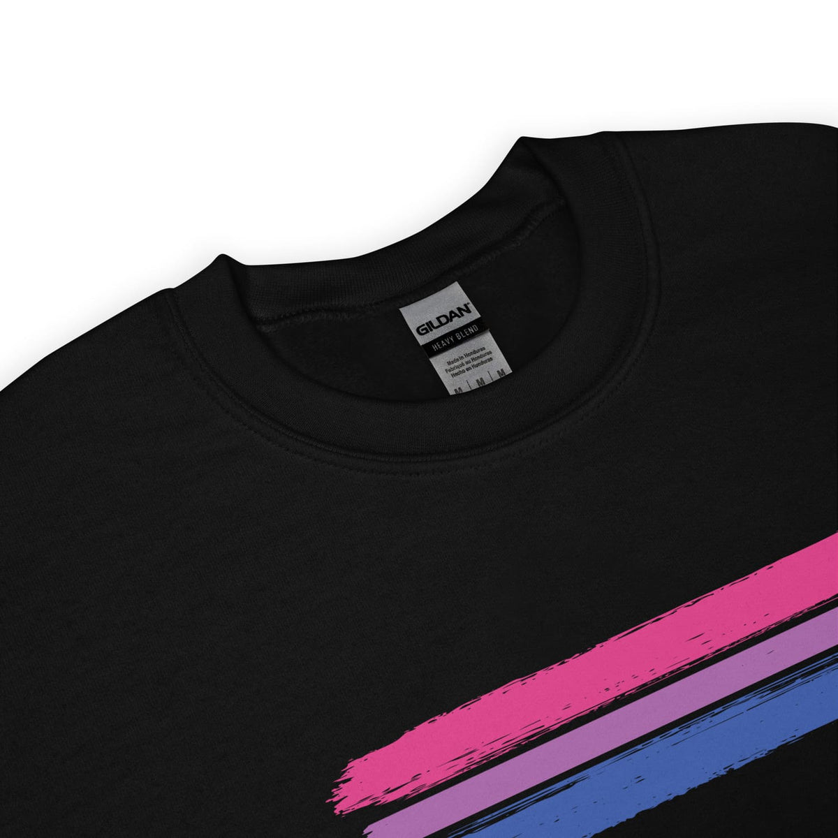 Detail of bisexual sweatshirt with pink and blue bi stripes and Gildan label