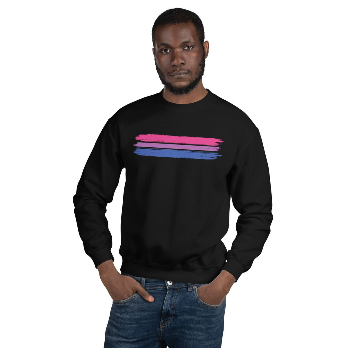 Man wearing a black bisexual sweatshirt with pink and blue bi stripes on a white background