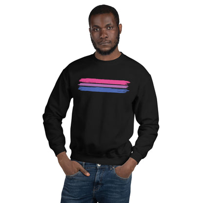 Man wearing a black bisexual sweatshirt with pink and blue bi stripes on a white background