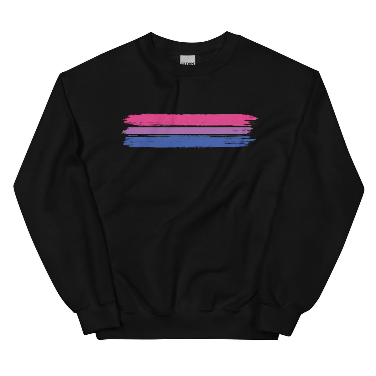 Black bisexual sweatshirt with grunge pride stripes on a white background