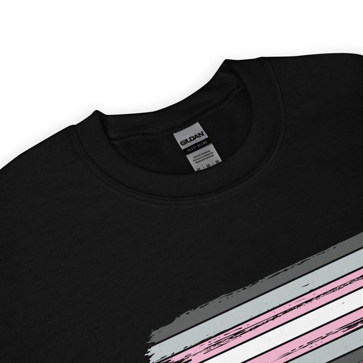 detail demigirl sweatshirt with Gildan label and abstract striped design on a white background