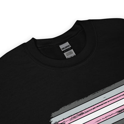 detail demigirl sweatshirt with Gildan label and abstract striped design on a white background