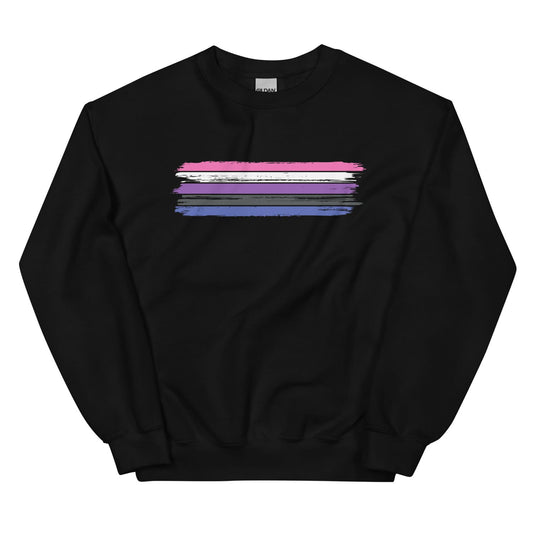 Black genderfluid sweatshirt with a colorful graphic on a white background