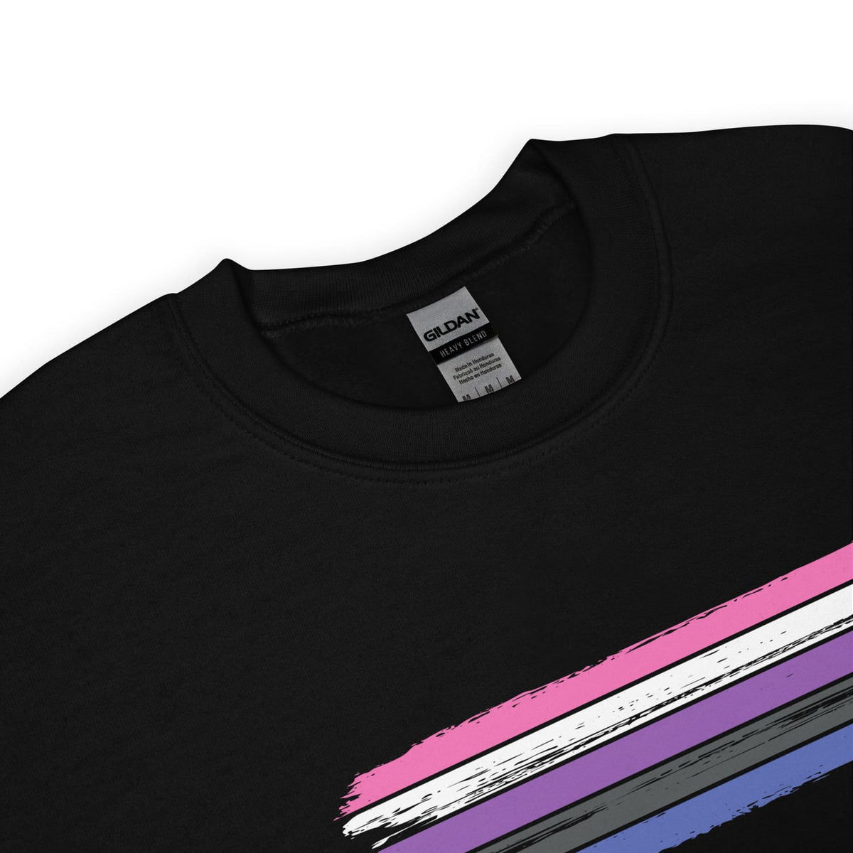 zoom on genderfluid sweatshirt  with a colorful striped design on a white background