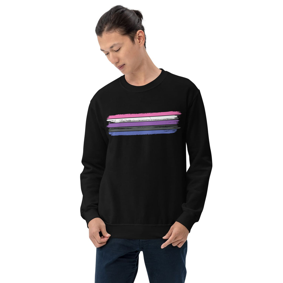 Person wearing a black genderfluid sweatshirt with colorful stripes on a white background