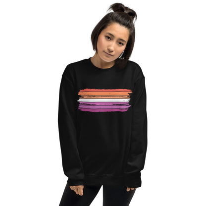 Person wearing a black lesbian sweatshirt with colorful stripes on a white background