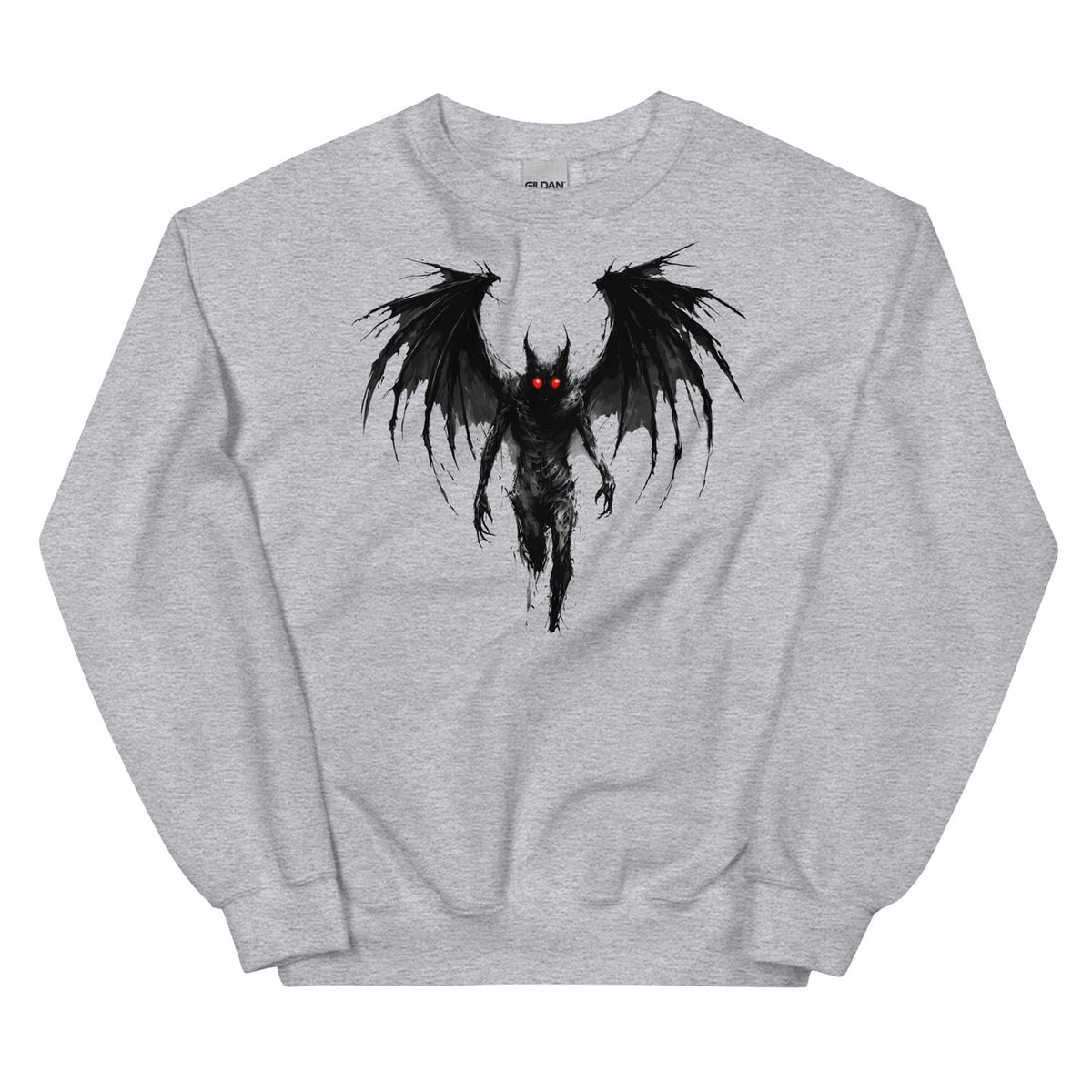 Gray sweatshirt with a grunge mothman design on a white background
