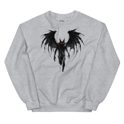 Gray sweatshirt with a grunge mothman design on a white background