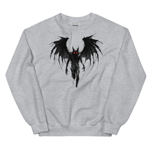 Gray sweatshirt with a grunge mothman design on a white background