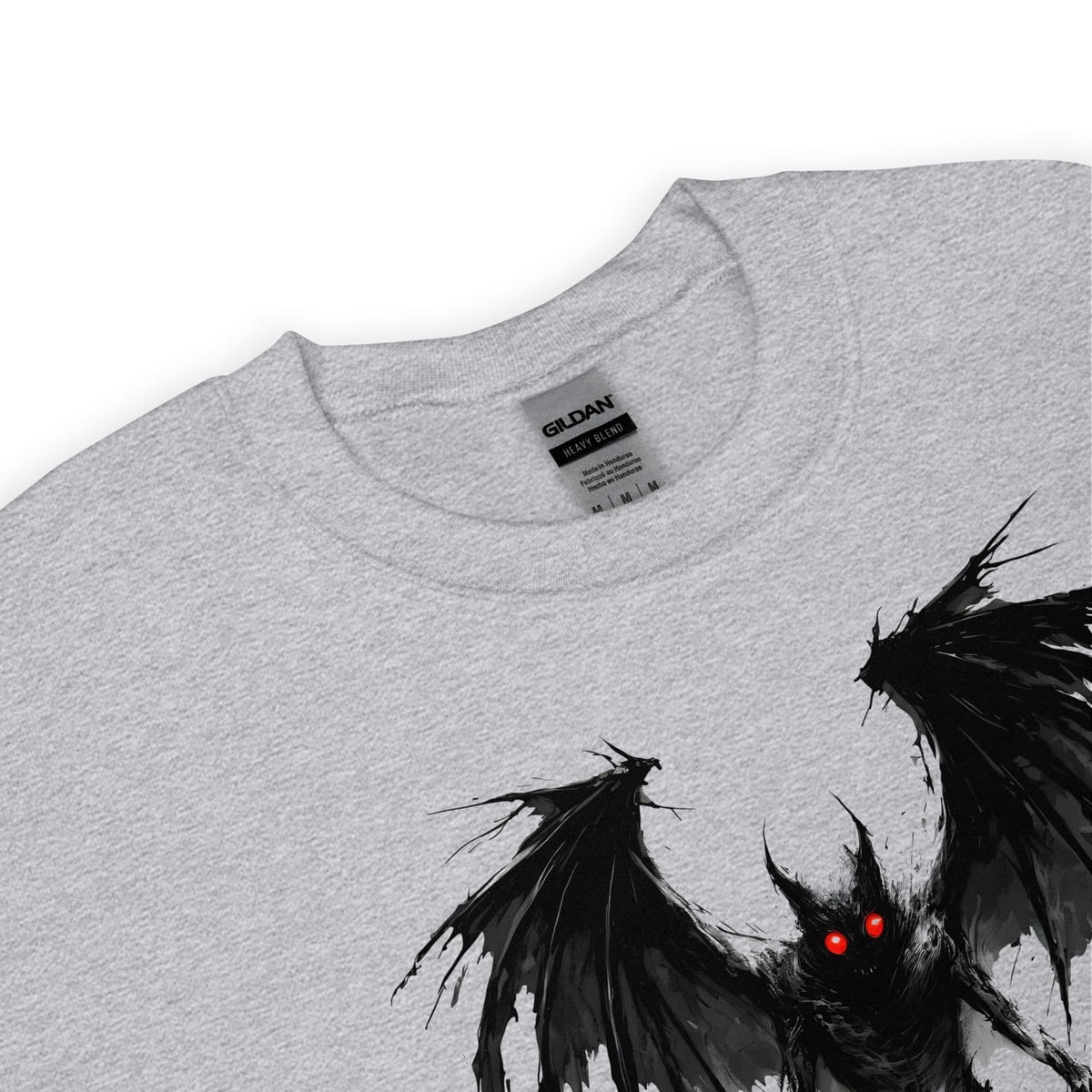 Gray sweatshirt with a mothman graphic and red eyes on a white background