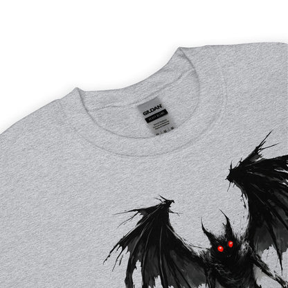 Gray sweatshirt with a mothman graphic and red eyes on a white background