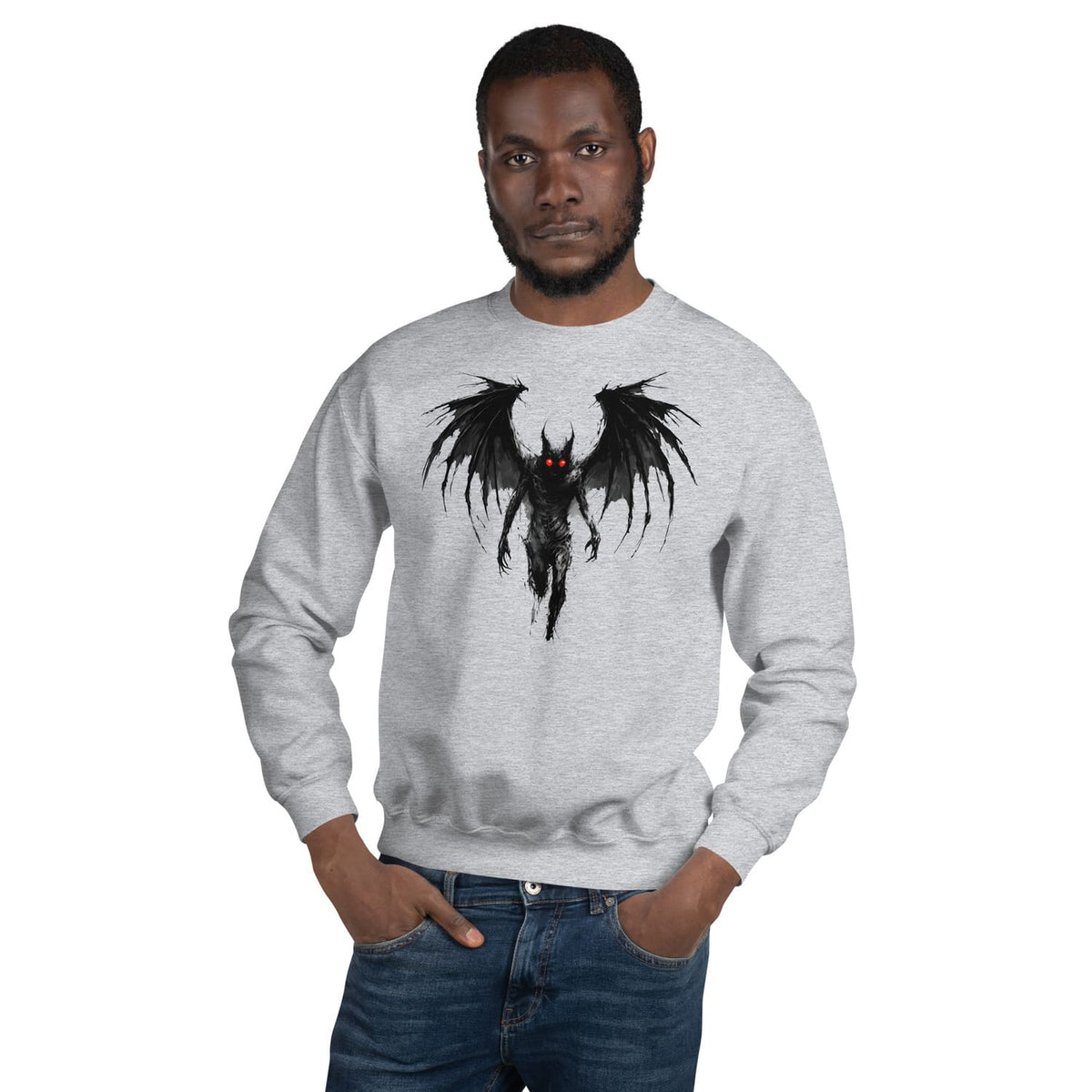 Man wearing a gray sweatshirt with a mothman design on a white background