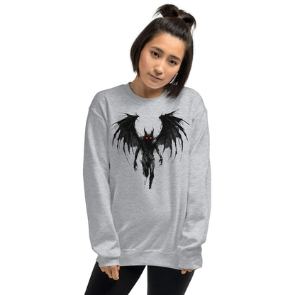 Person wearing a gray sweatshirt with a mothman graphic design on a white background
