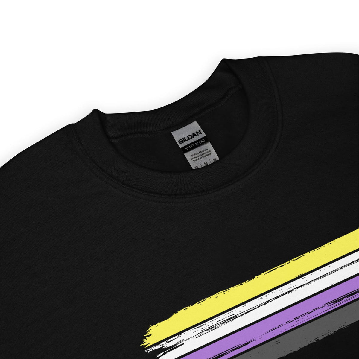Detail of non binary sweatshirt with a colorful stripe design on a white background