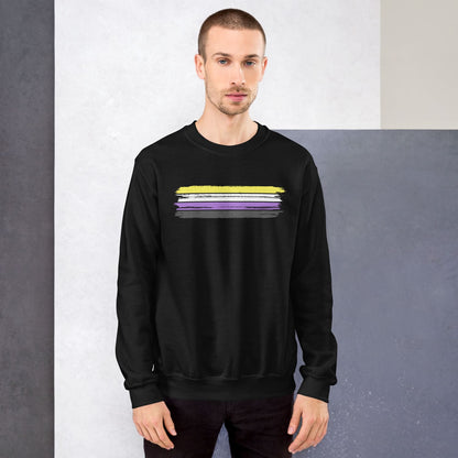 Man wearing a black sweatshirt with 'nonbinary grunge flag against a gray wall.