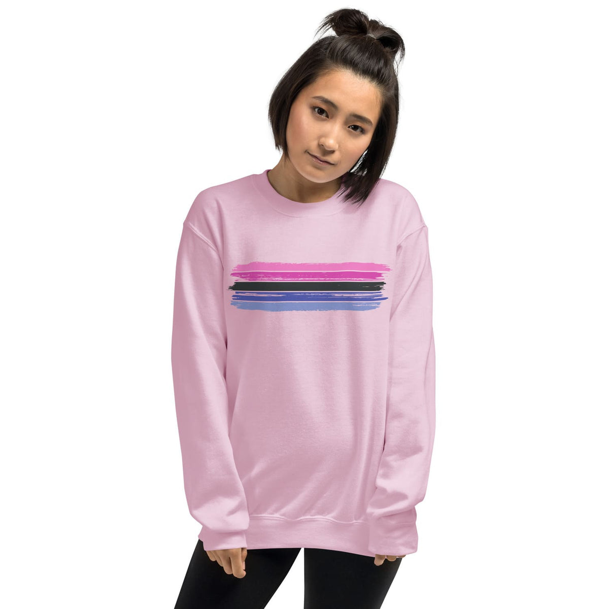 Person wearing a light pink omnisexual sweatshirt with grunge flag on a white background