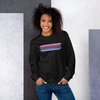 Woman wearing a black omnisexual sweatshirt with colorful design against a gray and white background