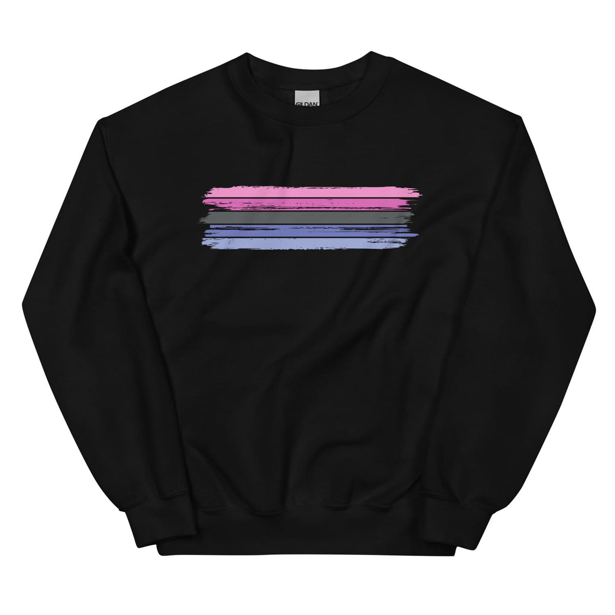 Black omnisexual sweatshirt with a colorful horizontal stripe design on a white background