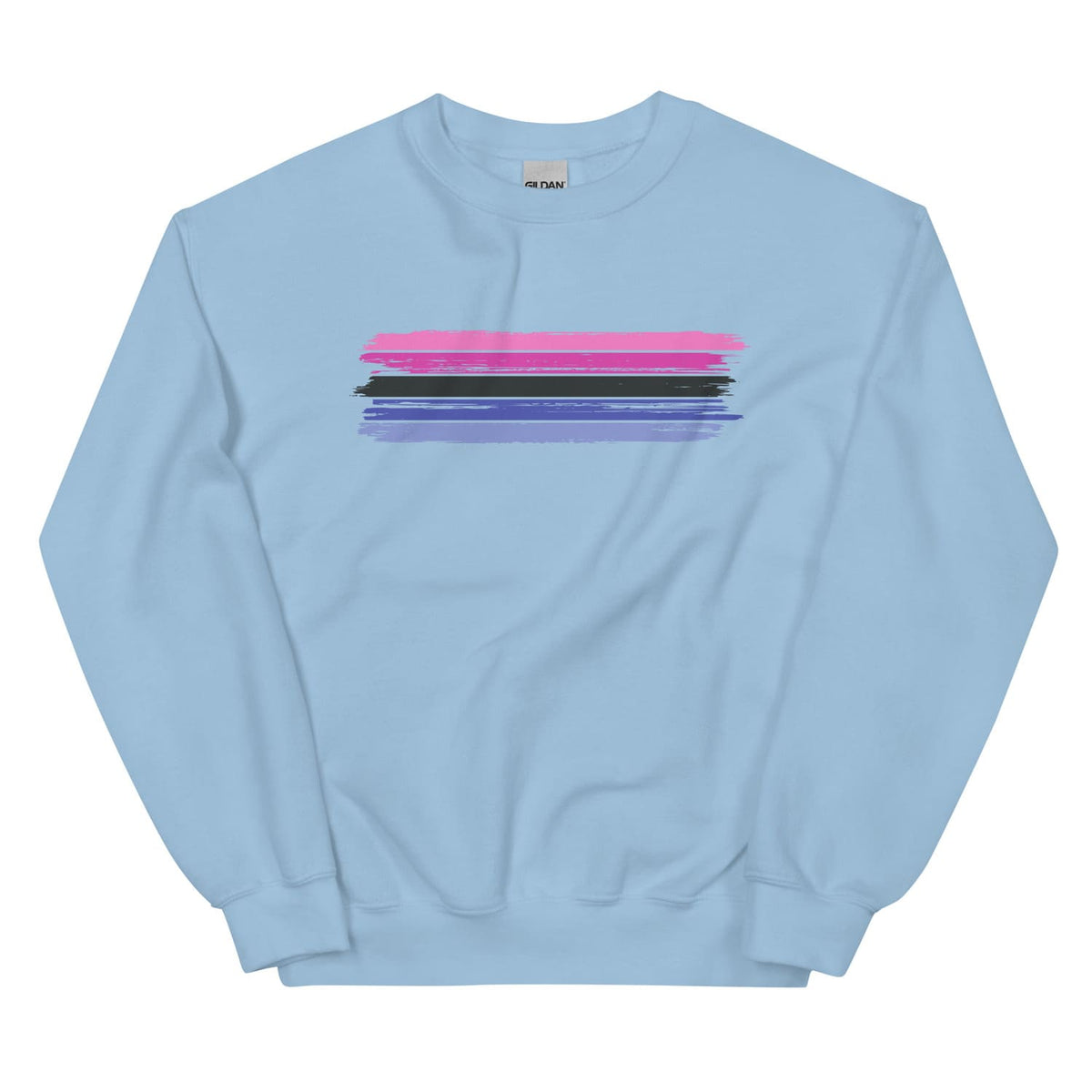 Light blue omnisexual sweatshirt with colorful horizontal stripes on a white background