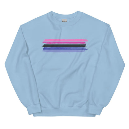 Light blue omnisexual sweatshirt with colorful horizontal stripes on a white background