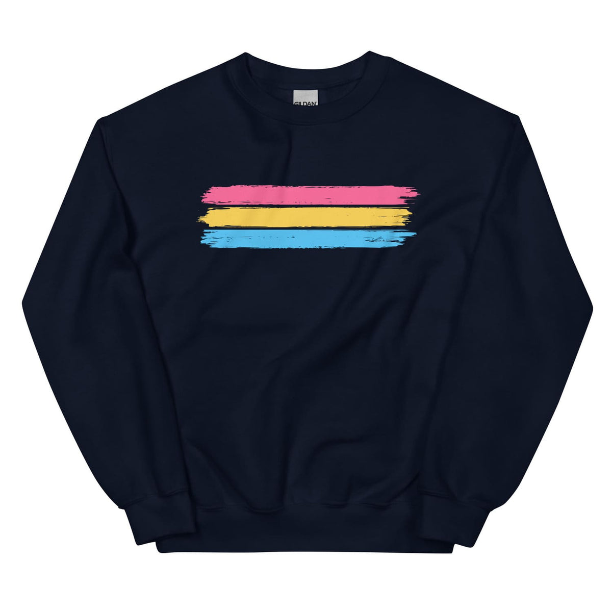 Navy pansexual sweatshirt with a grunge flag design on a white background