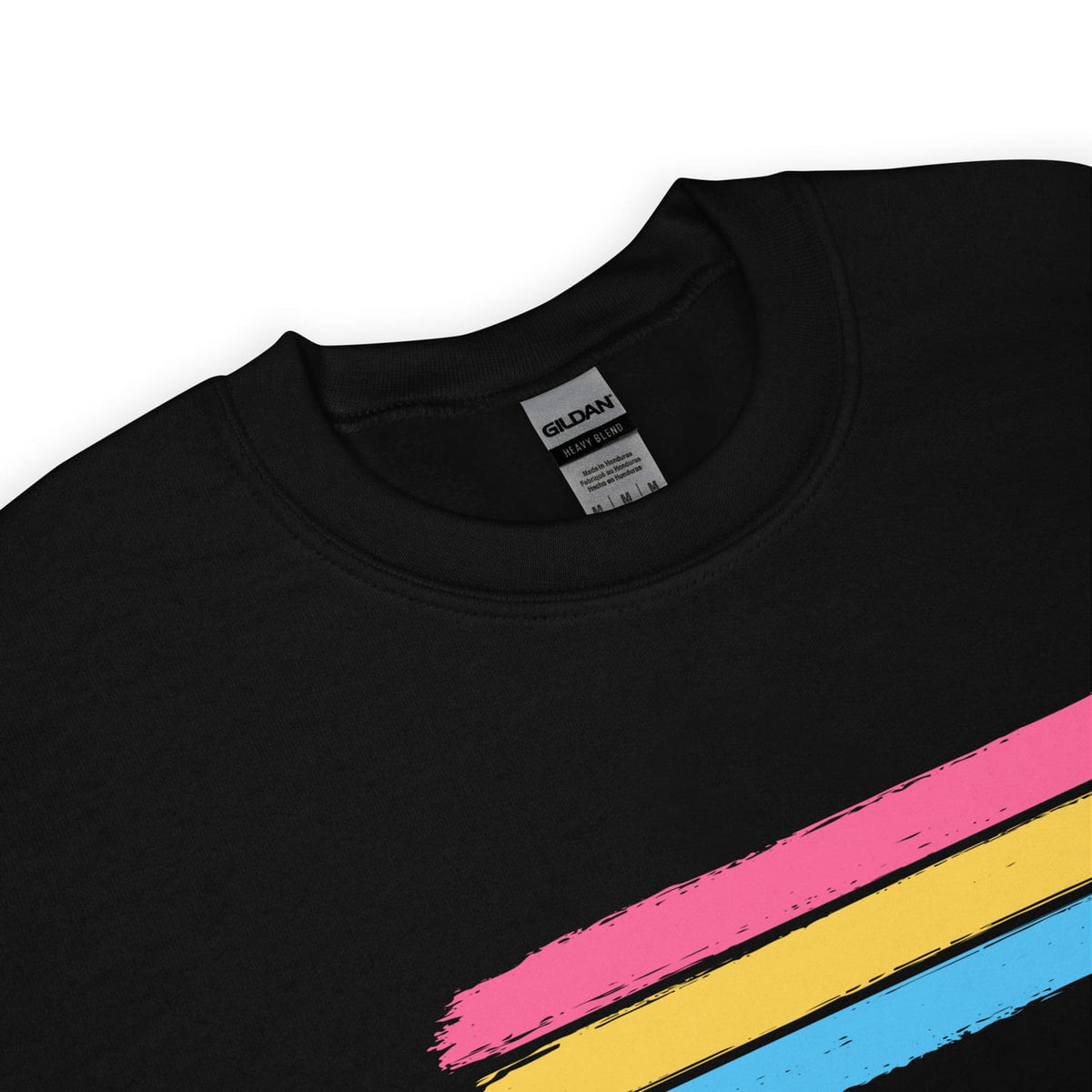 Black pansexual sweatshirt with pink, yellow, and blue stripes on a white background