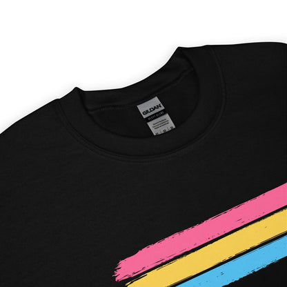 Black pansexual sweatshirt with pink, yellow, and blue stripes on a white background