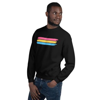 Man wearing a black pansexual sweatshirt with pan flag on a white background
