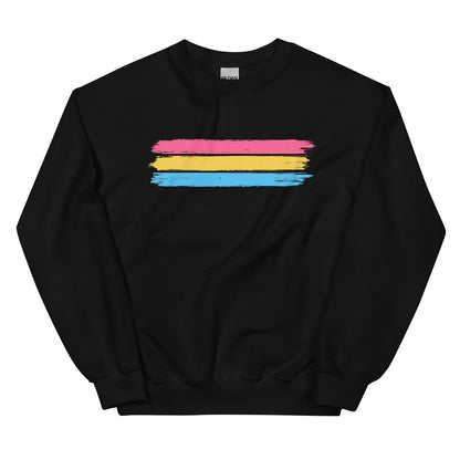 Black sweatshirt with a pansexual flag design on a white background