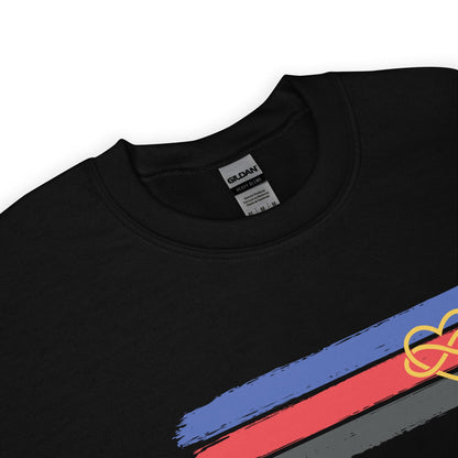 black sweatshirt with grunge polyamory flag detail