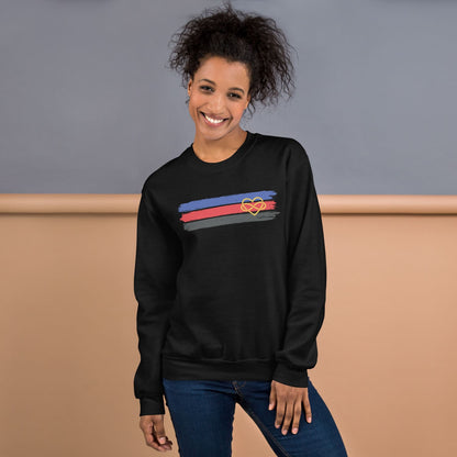 woman wearing black sweatshirt with grunge polyamory flag