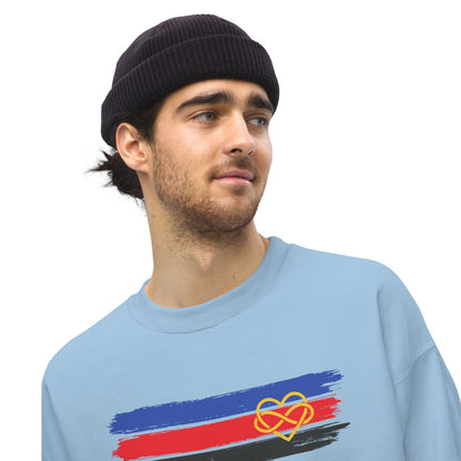 man wearing blue sweatshirt with grunge polyamory flag