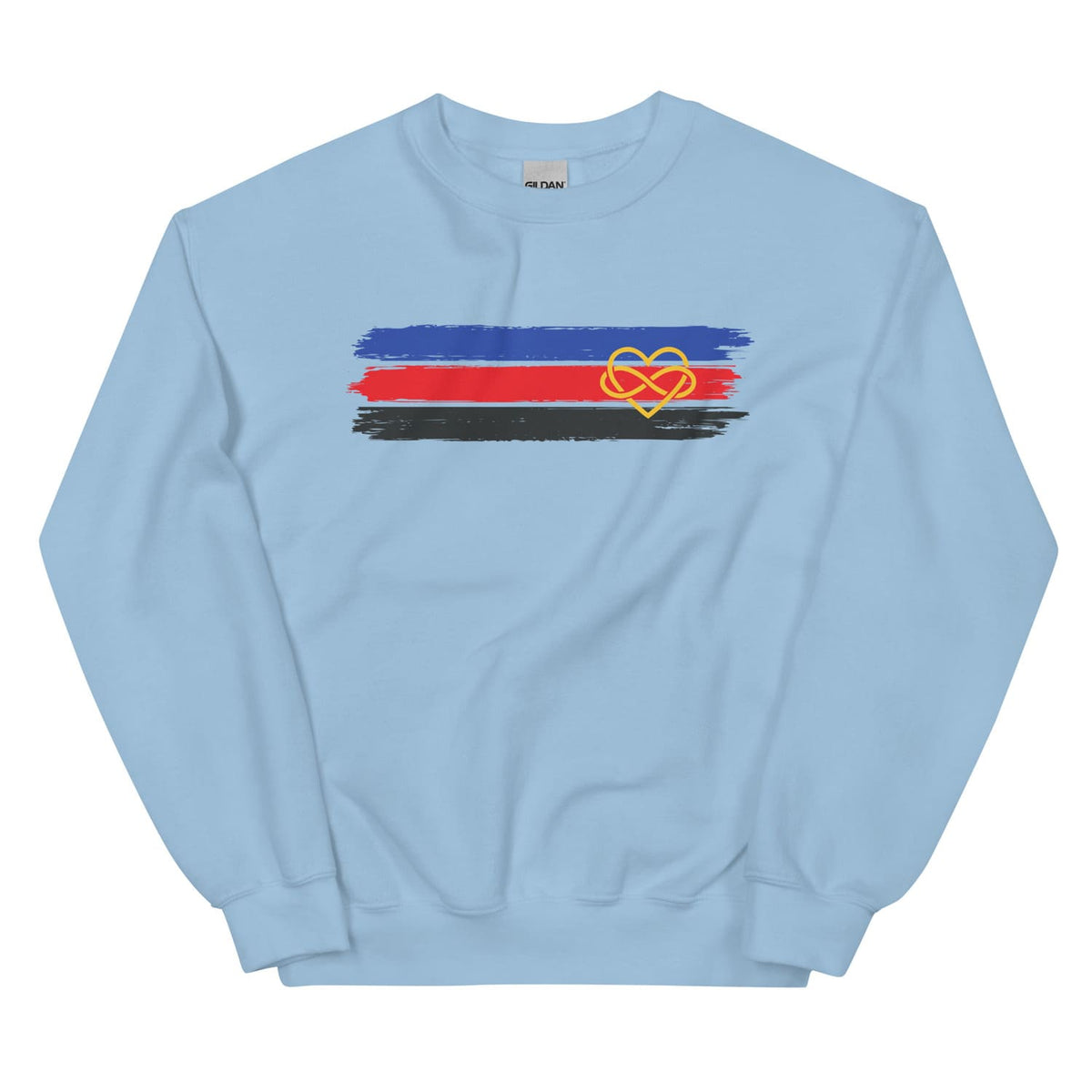 blue sweatshirt with grunge polyamory flag
