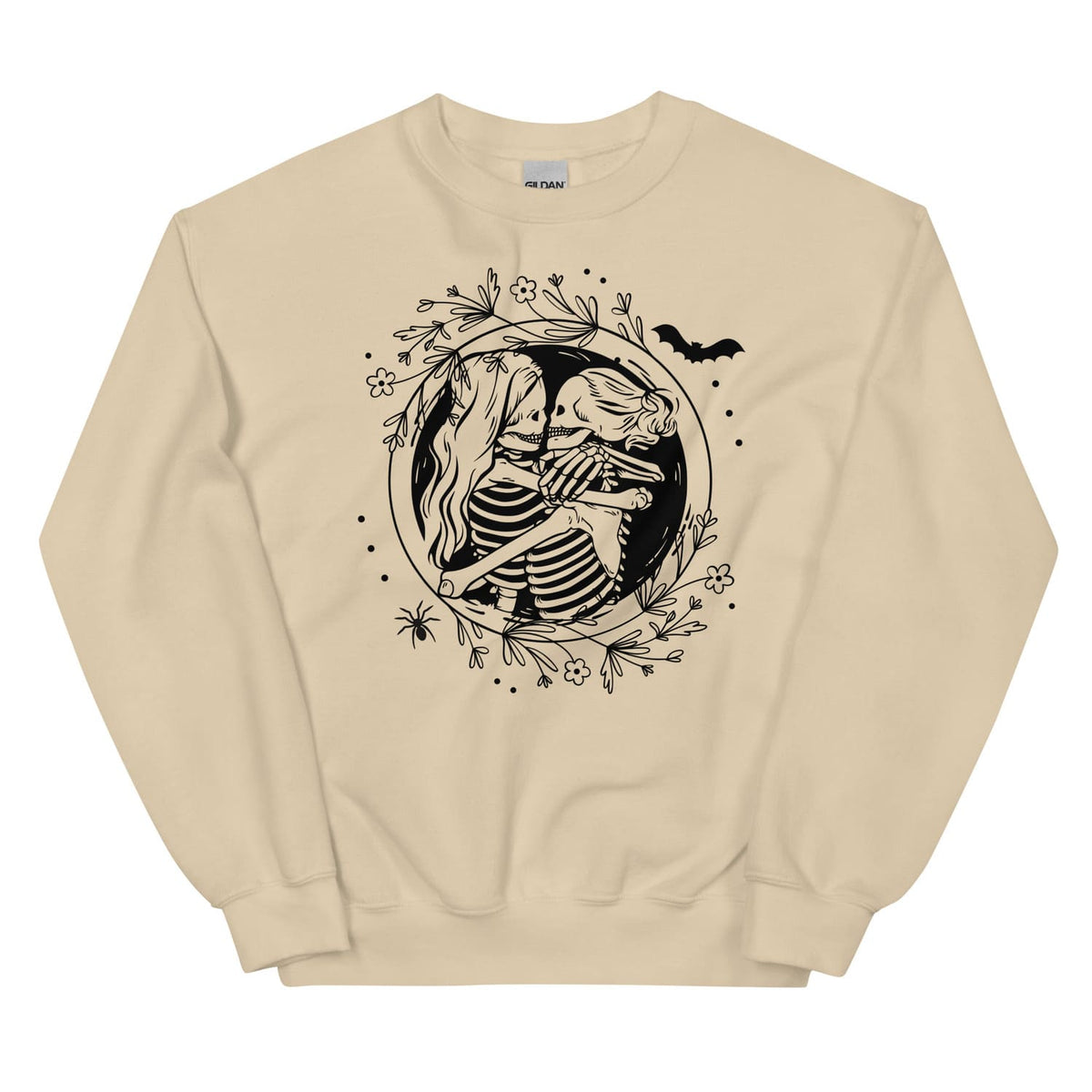 Beige lesbian sweatshirt with a black skeleton couple design on a white background